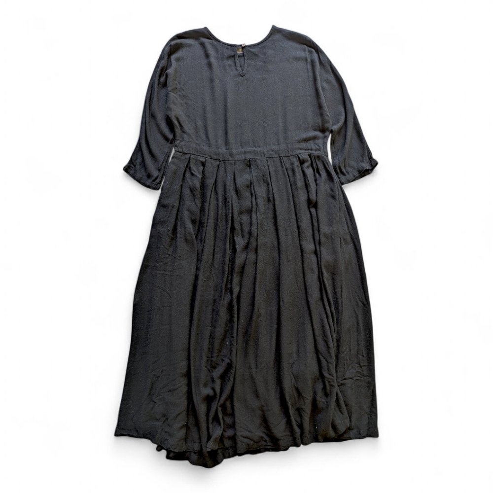 Black Crane Wool Blend Box Pleated Maxi Dress XS | Drawstring Waist Oversized - Picture 6 of 12